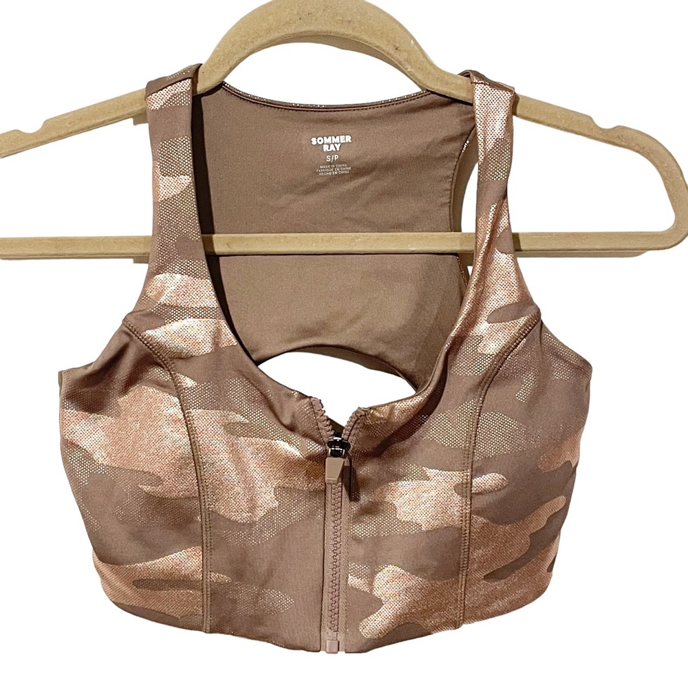 Sommer Ray Size Small Pink Metallic Camouflage Zip Front Racerback Sports‎ Bra